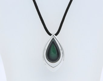 Vintage Sarah Coventry 1978 DEW DROP Necklace Silver Tone Black Silk Cord Teal Blue Green Teardrop Pendant Drop Rare!