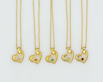 Vintage Gold Tone Birthstone Heart Pendant Necklace: Dainty Rhinestone Charm NOS