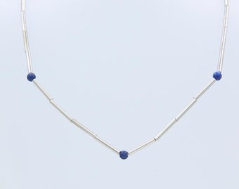 Vintage Sarah Coventry 1976 Lady Coventry GENUINE SODALITE Choker Bead Chain Necklace Sterling Silver Blue Rare!