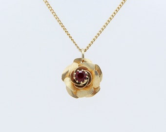 Vintage Sarah Coventry 1972 ROSETTE Gold Tone Necklace Chain Ruby Red Rhinestone Floral Pendant Rare!