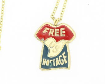 Vintage Iran Hostage Crisis T-Shirt Pendant Necklace | Red White Blue Enamel Gold Tone