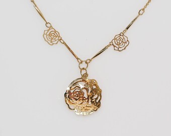 Vintage Lace Flower Necklace: Gold Floral Pendant, 16" Chain