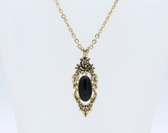 Vintage Sarah Coventry 1978 ANGELIQUE Necklace Pendant Drop Gold Tone Black Flower Floral Rare!