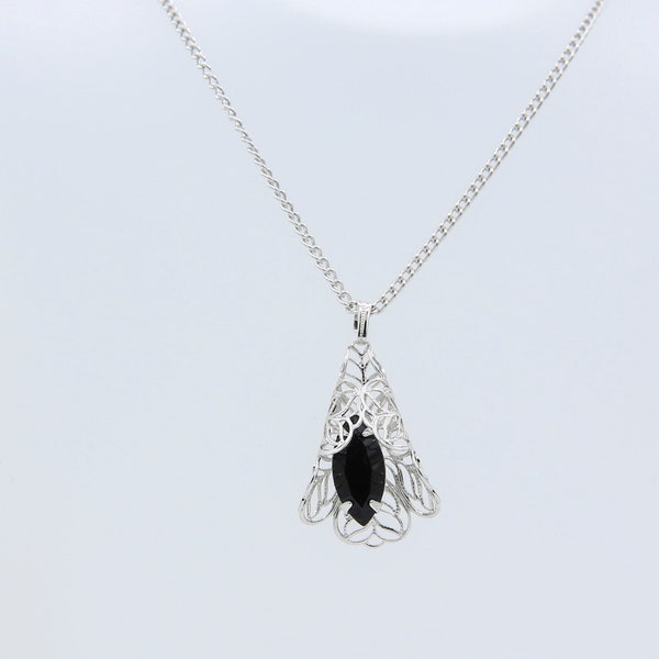 Vintage Sarah Coventry Canada 1973 MIDNIGHT LACE Necklace Silver Tone Chain Jet Black Stone Pendant Drop Rare!
