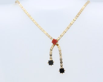 Vintage Sarah Coventry 1978 MAGIC SPELL Necklace Gold Tone Chain Red Black Stone Pendant Drop Rare!