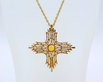 Vintage Sarah Coventry 1978 OMEGA Necklace Gold Tone Chain Rhinestone Cross Pendant Drop Rare!