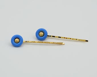 Vintage PAIR Bobby Pins With Blue Donut Circle: Retro Hair Barrette Clip Accessories NOS