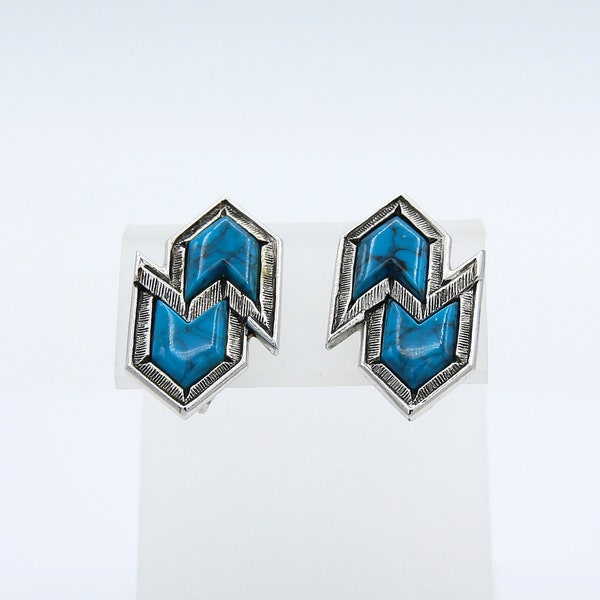 Vintage 1974 Sarah Coventry INCA Earrings Silver Tone Faux Turquoise Geometric Clip On Rare!