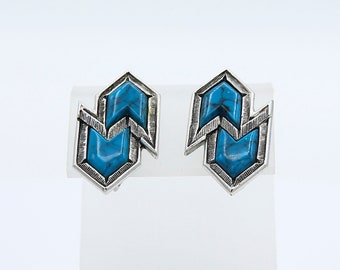 Vintage 1974 Sarah Coventry INCA Earrings Silver Tone Faux Turquoise Geometric Clip On Rare!