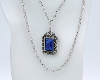 Vintage Sarah Coventry 1973 ROMAN HOLIDAY Multi-Strand Necklace Silver Tone Chain Blue Stone Reversible Pendant Drop Rare!