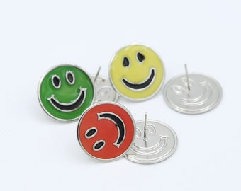Vintage Smiley Face Stud Earrings - NOS Green Red Orange Yellow Retro Enameled Metal Studs