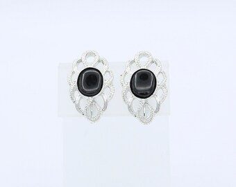 Vintage 1972 Sarah Coventry BLACK REFLECTIONS Earrings Silver Tone Black Clip On Rare!