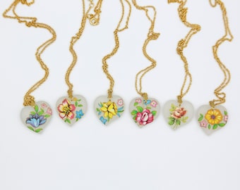 Hand Painted Frosted Hearts Necklace - Vintage NOS