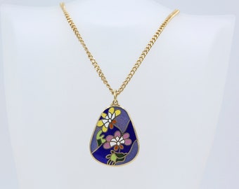 Vintage Sarah Coventry 1979 LOTUS BLOSSOM Necklace Pendant Drop Gold Tone Floral Blue Flower Enameled Metal Rare!
