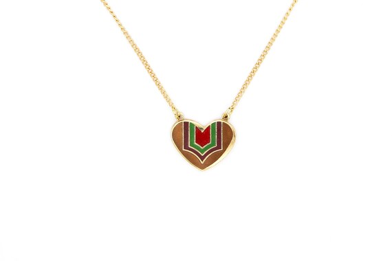 Vintage Heart Deco Enameled Metal Heart Necklaces Brown Red Gold Tone Valentine's Day Gift