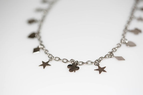 Vintage Multi Charm Necklace Clover Heart Diamond Star NOS Silver Tone Chain