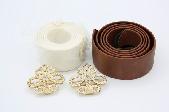 Vintage 1974 Sarah Coventry TRIO BELT Brown White Set Gold Tone Buckle Accessory Rare
