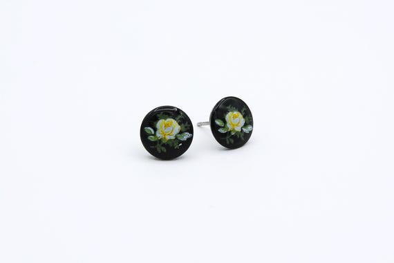Vintage Small Yellow Rose Flower Studs Black Floral Earrings Vintage Rose