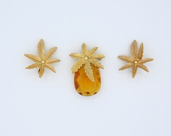 Vintage 1964 Sarah Coventry AUTUMN HAZE Clip Earrings Pin Brooch Gold Tone Pineapple Set Rare!