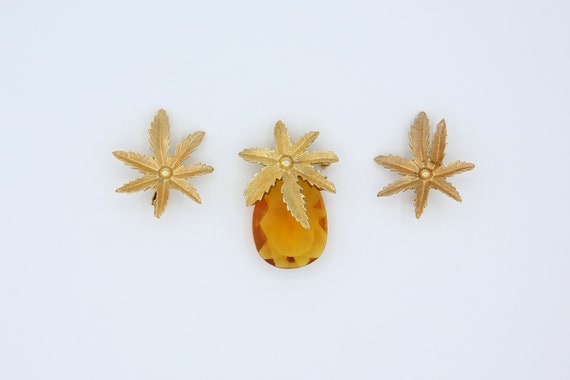 Vintage 1964 Sarah Coventry AUTUMN HAZE Clip Earrings Pin Brooch Gold Tone Pineapple Set Rare!