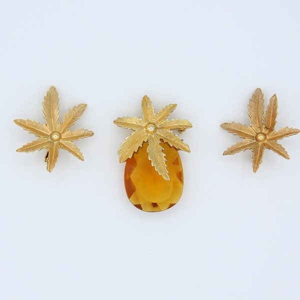 Vintage 1964 Sarah Coventry AUTUMN HAZE Clip Earrings Pin Brooch Gold Tone Pineapple Set Rare!