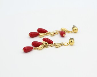 Vintage Red and Gold Beaded Dangle Earrings | Pierced Holiday Drops