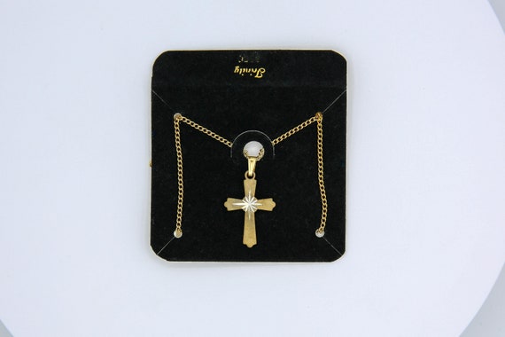 Vintage Sarah Coventry 1972 TRINITY Necklace Gold Tone Cross Religious Starburst Pendant Drop Rare!