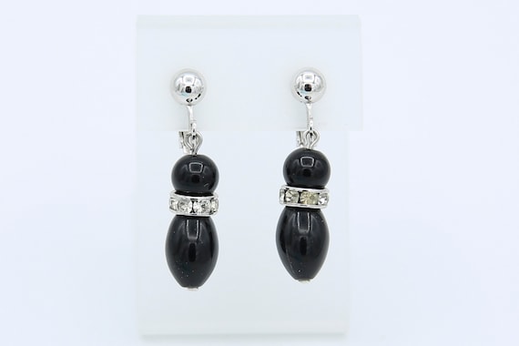 Vintage 1976 Sarah Coventry BLACK CHARMER Earrings Silver Tone Black Beads Beaded Rhinestone Clip On Rare!