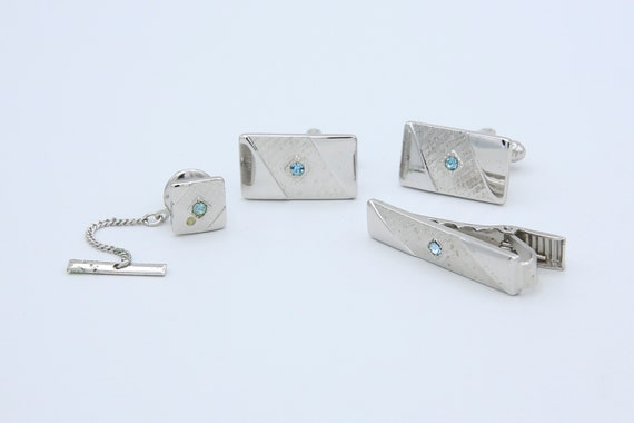 Vintage 1966 Sarah Coventry ARISTOCRAT Men's Tie Tac Clip and Cuff Links Set Silver Tone Formal Wear Accessory Vintage Blue Rhinestone RARE