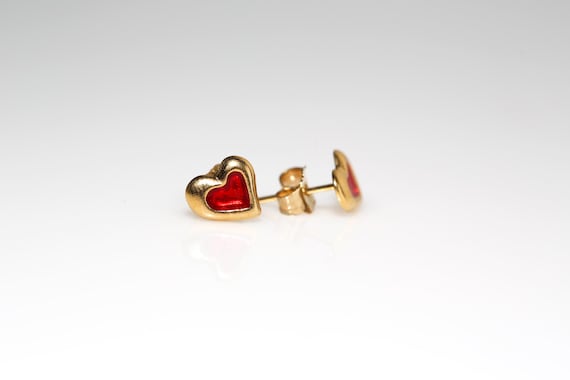 Red Heart of Gold Earrings - Small Vintage Studs Enameled NOS