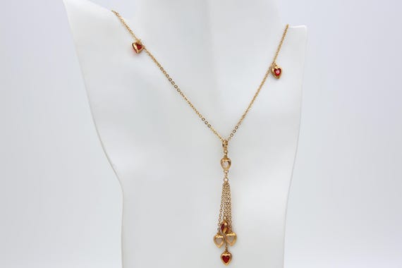 Vintage 1979 Sarah Coventry JUBILEE Necklace Red Heart Charm Bead Tassel Necklace Gold Tone Chain RARE