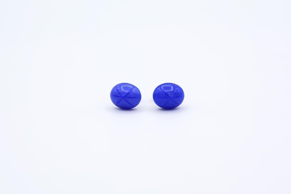 Vintage Small Blue Starburst Stud Earrings Pierced Oval Star Moonstone Studs