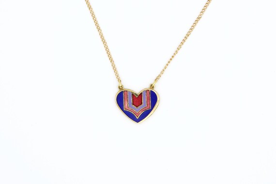 Vintage Heart Deco Enameled Metal Heart Necklaces Blue Red Gold Tone Valentine's Day Gift