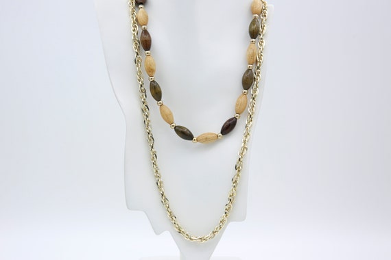 Vintage 1977 Sarah Coventry GOLDENWOOD Beaded Necklace Chain Gold Tone Brown Rare Set