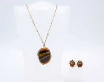 Vintage 1973 Sarah Coventry CARAMELTONE Necklace Clip On Earrings Brown Gold Tone Set Rare!