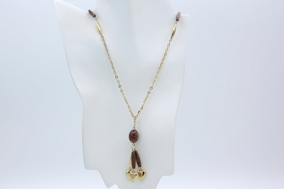 Vintage 1979 Sarah Coventry LIMBO Beaded Necklace Gold Tone Brown Long Rare Heart Drop
