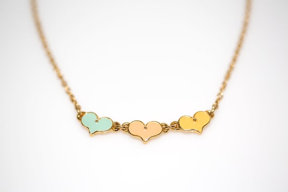 Vintage Tri-color Enameled Hearts Necklace Pink Blue Yellow