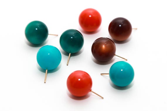 Vintage Lucite Sphere Earrings NOS Large Colorful Studs Orange Brown Teal Green Lucite Pierced