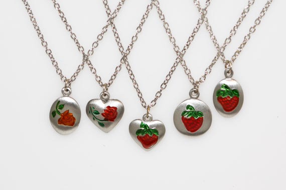 Vintage Enameled Genuine Pewter Heart Necklace With Red Roses and Strawberries