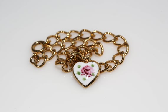 Vintage Guilloche Enameled Heart Bracelet NOS Gold Tone Chain Floral Rose Painted Heart Charm Bracelet