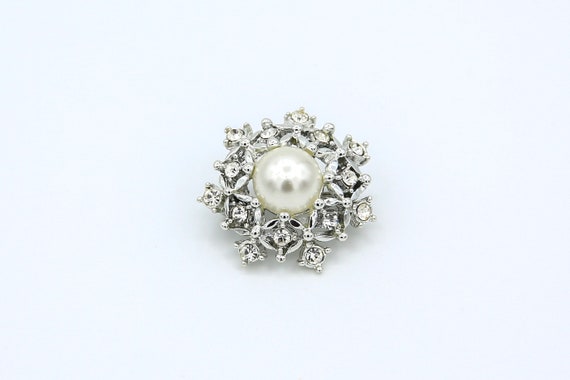 1969 Sarah Coventry ULTIMA Pin Brooch Silver Tone Faux Pearl Rhinestone RARE Vintage 60s