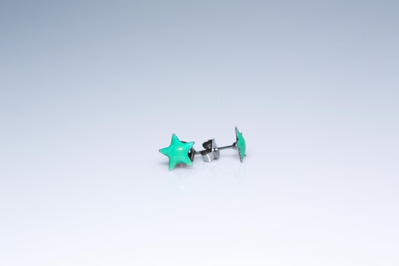 Vintage Mint Teal Green Enameled Star Stud Earrings NOS Tiny Minimalist Studs