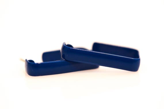 Vintage Blue Enameled Metal Dee Earrings - NOS 1980s Rectangle Hoops Pierced Post Earrings
