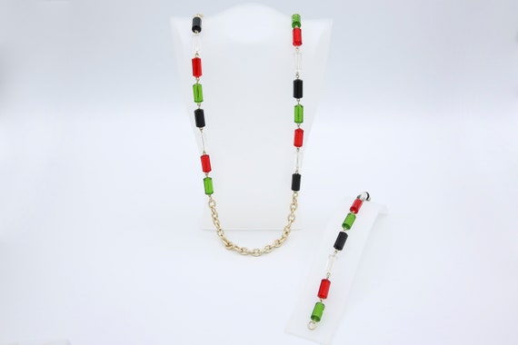 Vintage 1975 Sarah Coventry VOGUE Beaded Necklace Bracelet Gold Tone Chain Set Red Green Clear Black Rare!