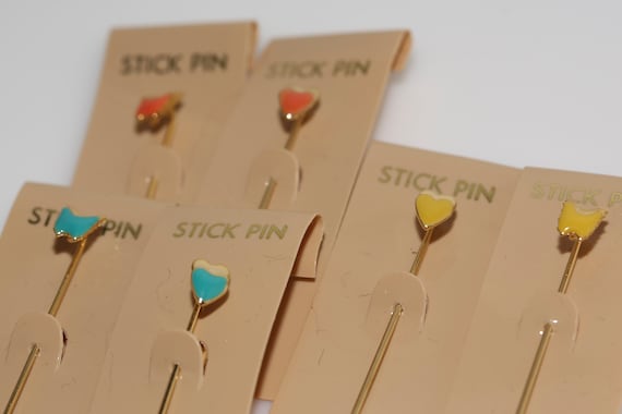 Vintage Enameled Stick Pin Set of 2! Butterfly Heart Brooch Yellow Blue Orange Carded NOS