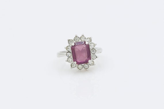 Vintage Sarah Coventry "Priscilla" Ring 1979 Hostess Bonus With Box Silver Tone Size 6 Purple Stone Faux Amethyst RARE