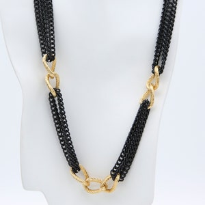 Vintage 1984 Sarah Coventry CHAIN REACTION Black Multi-Strand Enameled Chain Link Necklace Gold Tone Rare!