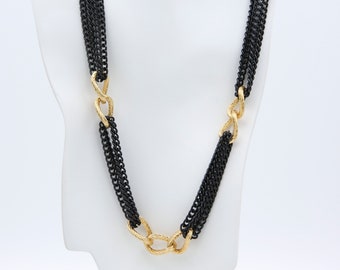 Vintage 1984 Sarah Coventry CHAIN REACTION Black Multi-Strand Enameled Chain Link Necklace Gold Tone Rare!