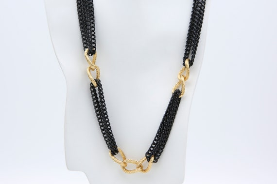 Vintage 1984 Sarah Coventry CHAIN REACTION Black Multi-Strand Enameled Chain Link Necklace Gold Tone Rare!
