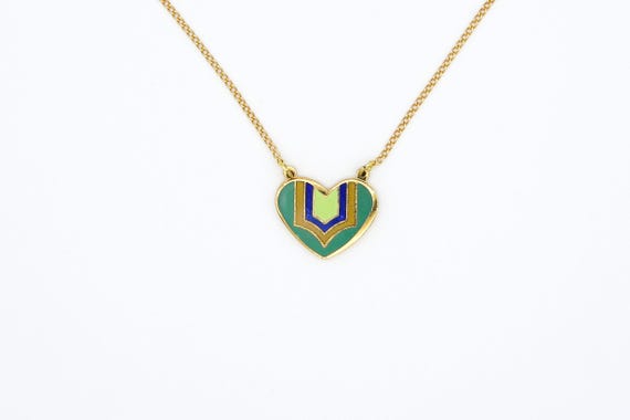 Vintage Heart Deco Enameled Metal Heart Necklaces Teal Lime Gold Tone Valentine's Day Gift